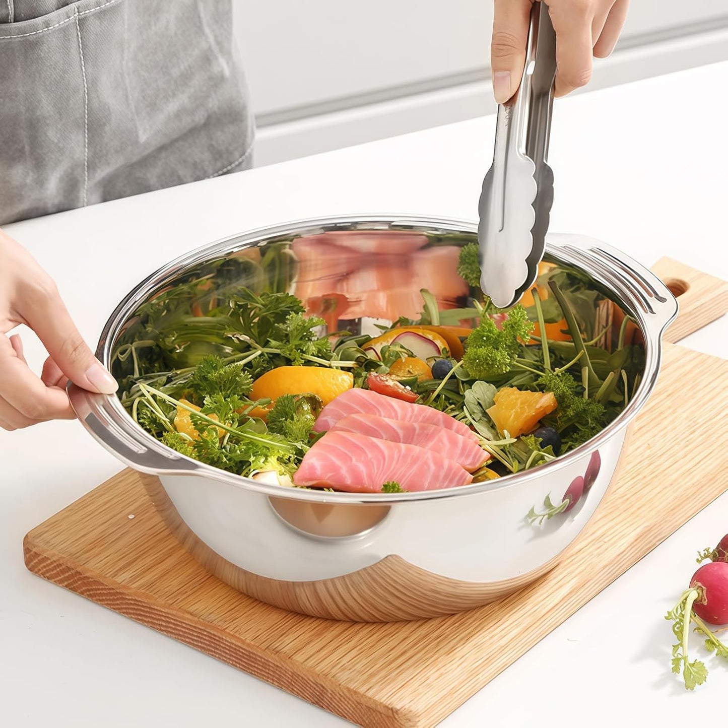 Versatile 3.5 Quart Kitchen Colander Set with Handle, Micro-Perforated Strainer for Pasta, Rice, Vegetables, Fruits, Heated 18/10 Stainless Steel Mixing Bowl for Salad, Cooking, Baking