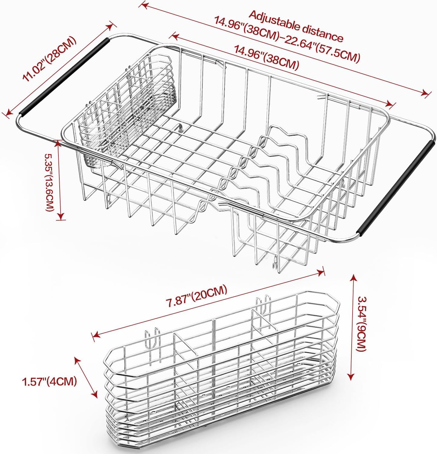Large Dish Drying Rack in Sink Expandable, Adjustable 304 Stainless Steel Metal Dish Drainer Rack Organizer with Stainless Steel Utensil Holder Over Inside Sink Counter, Rustproof