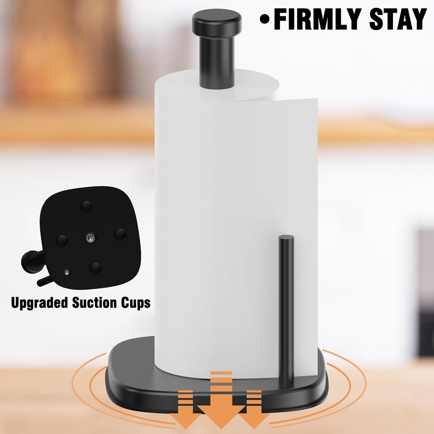Paper Towel Holder Countertop, Standing Paper Towel Roll Holder for Kitchen Bathroom Organize, Stand with Weighted Base Suction Cups, Stainless Steel One-Handed Operation (Matte Black)