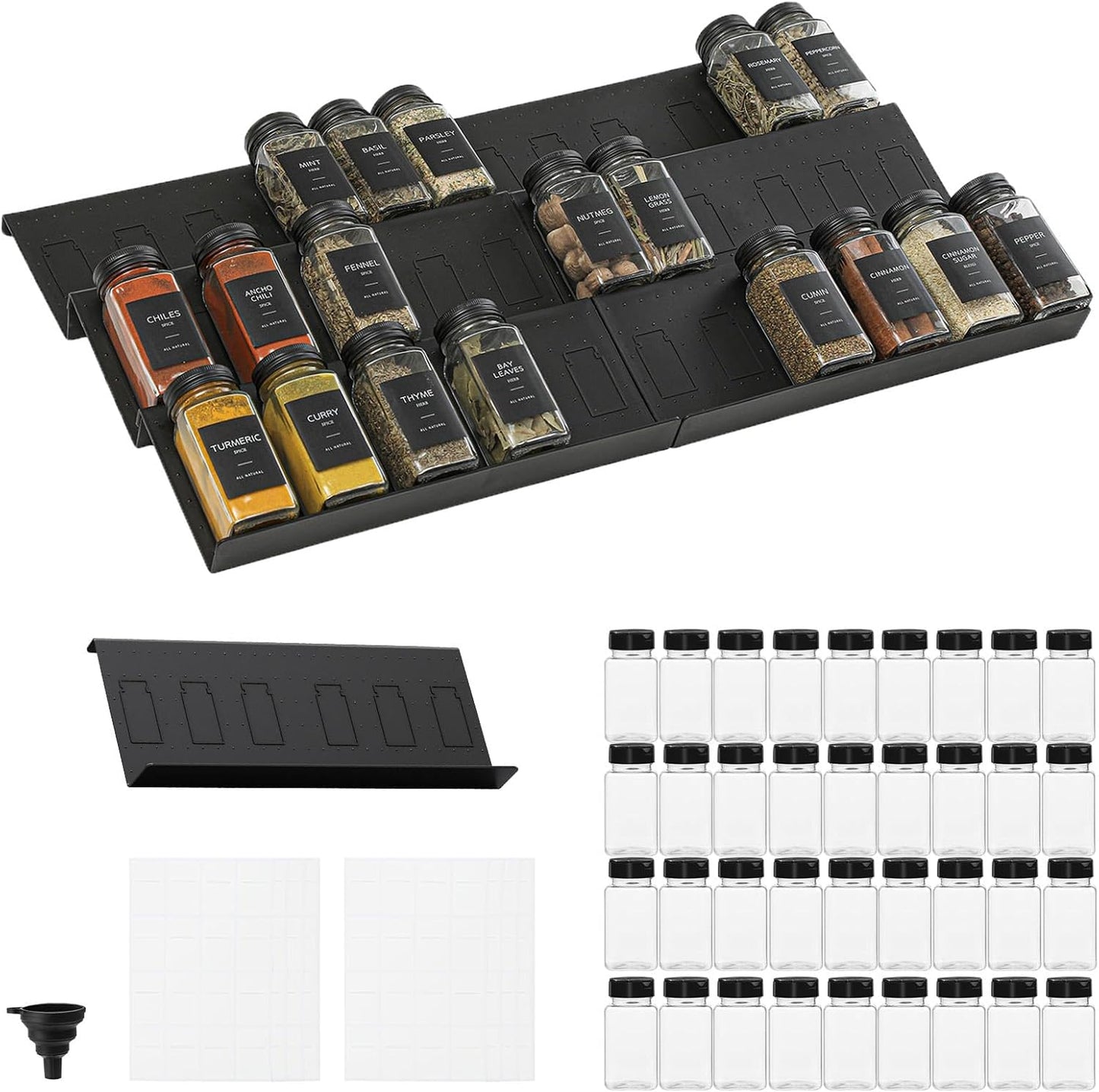 Famhap 6 Pack Spice Drawer Organizer with Labels and 36 Plastic Jars, Expandable from 11.7" to 23.2" Seasoning Rack Tray Insert for Kitchen Drawers, Spice Rack Drawer for Spice Jars
