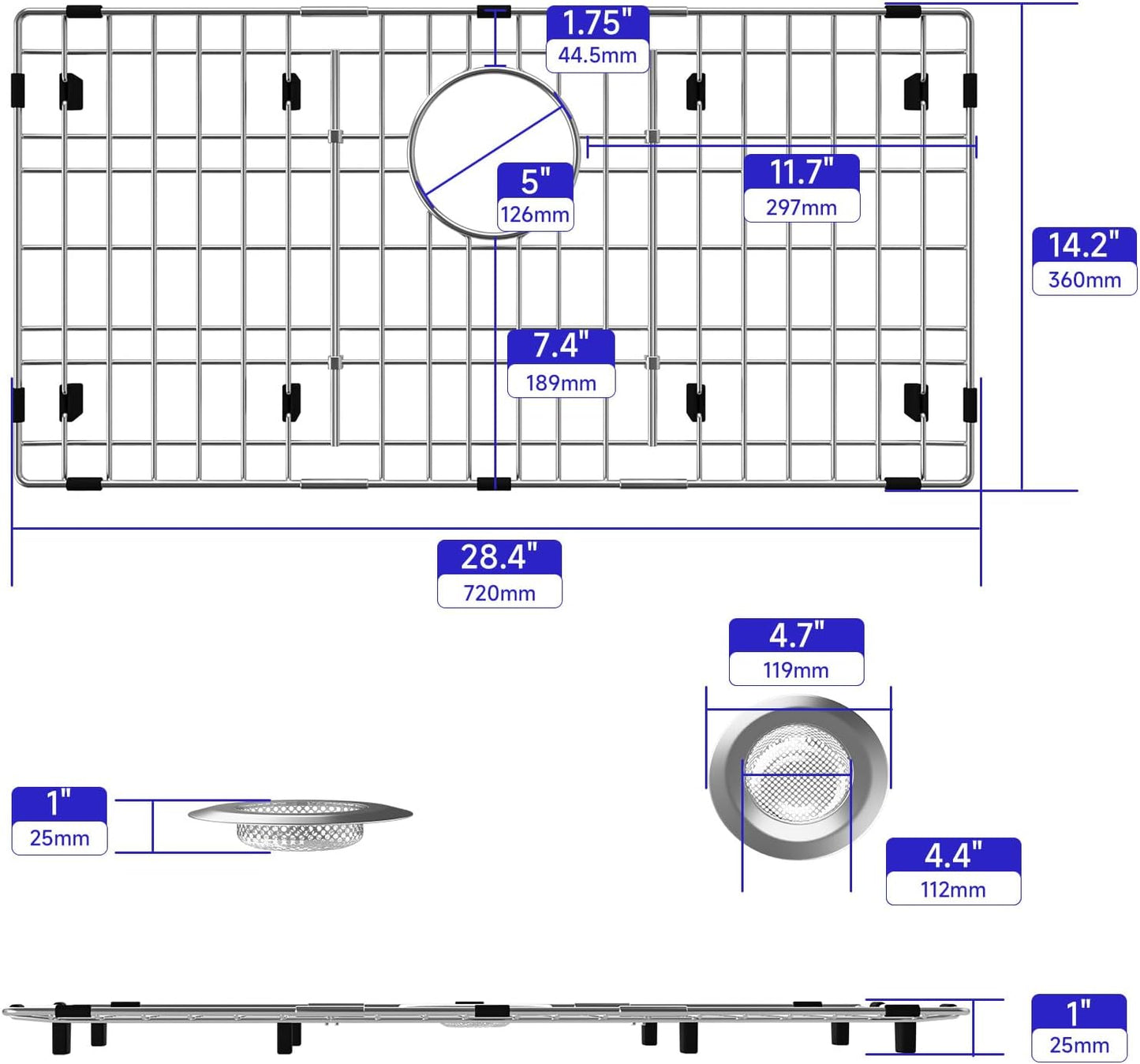 Sink Protectors for Kitchen Sink, Sink Grate Grid for Bottom of Sink, Metal Sink Rack, Bottom Basin Rack, Stainless Steel, 28.4" x 14.2"
