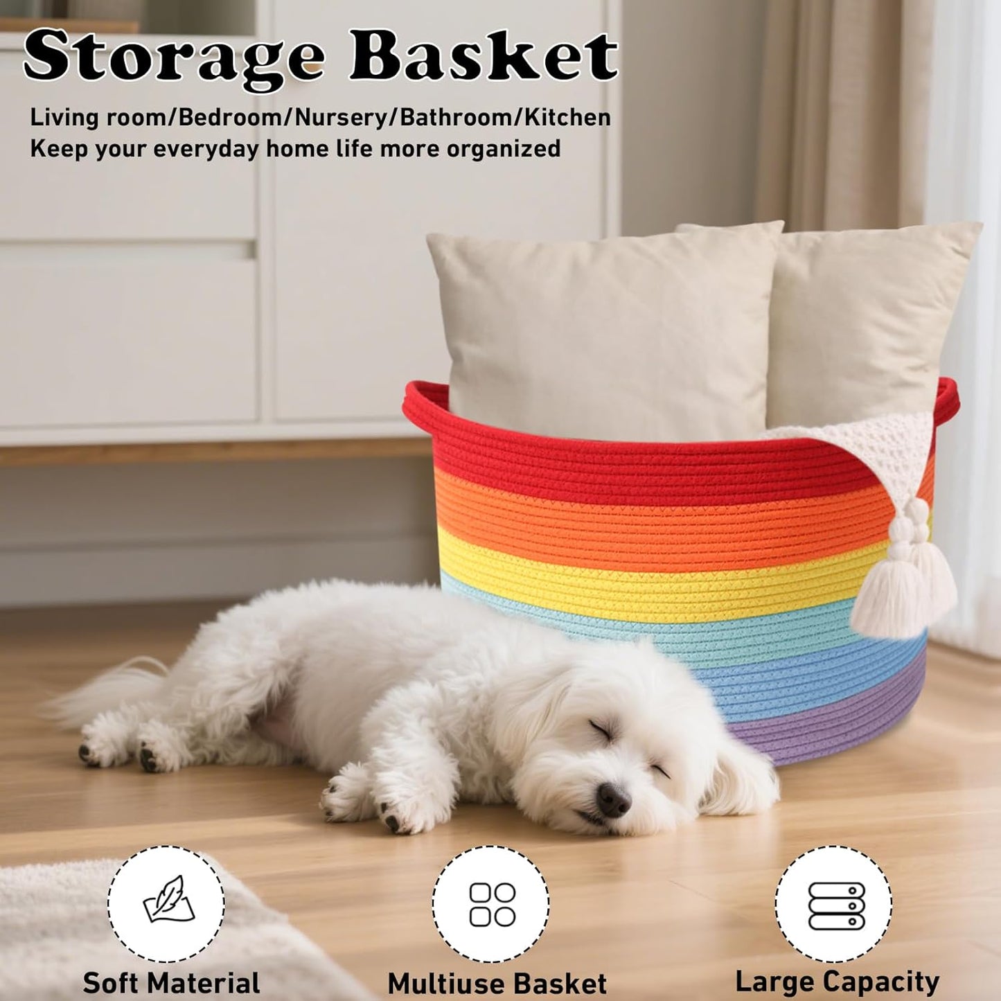 Large Blanket Basket for Organizing,115L Closet Organizers and Storage Bins Box for Shelves Woven Rope Storage Baskets,Living Room,Bedroom,Dorm,Laundry room (Rainbow)