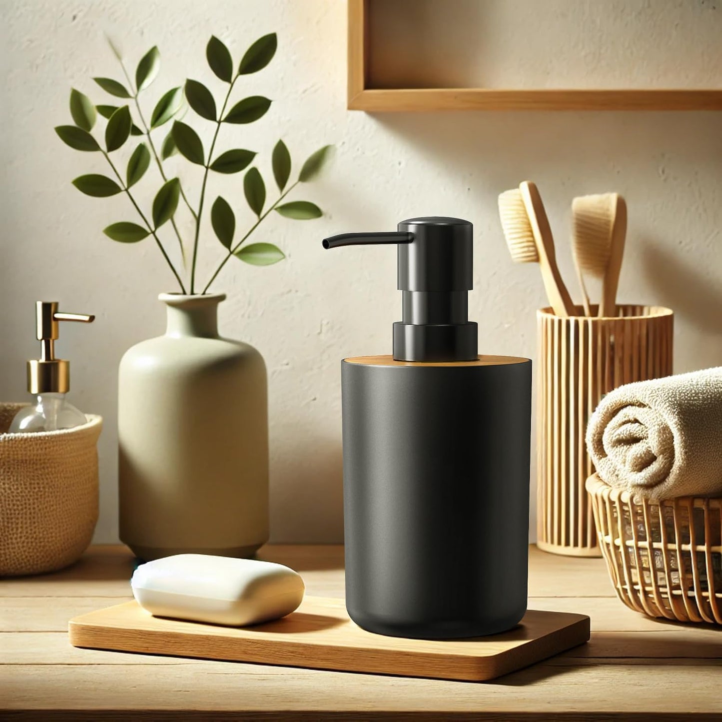 Soap Dispenser for Bathroom and Kitchen, 12oz Modern Minimalist Style Plastic matte black Empty Lotion Dispenser with Refillable Pump,Liquid Bottle for Hand Soap, Dish Soap,College Dorm Use