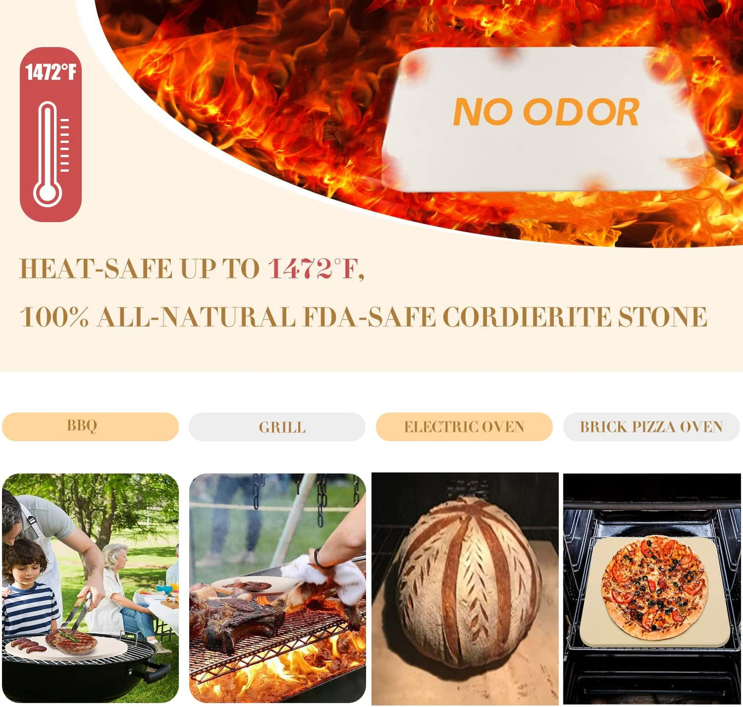 4 PCS Rectangle Pizza Stone Set, 15" Large Pizza Stone for Oven and Grill with Pizza Peel(OAK), Pizza Cutter & 10pcs Cooking Paper for Free, Baking Stone for Pizza, Bread,BBQ