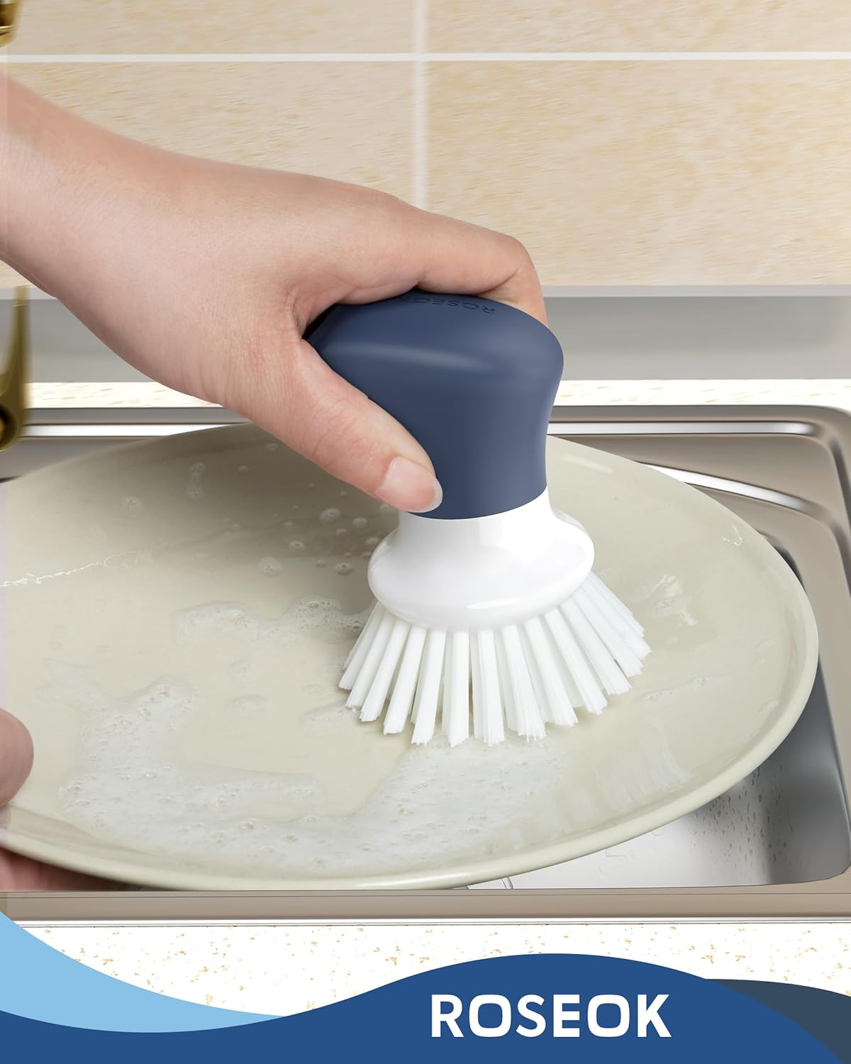 Dish Scrub Brush,Self-Standing Palm Brush with Ergonomic Grip for Cleaning Dishes,Non-Stick Pans and Sinks,Navy Blue,2 Pack