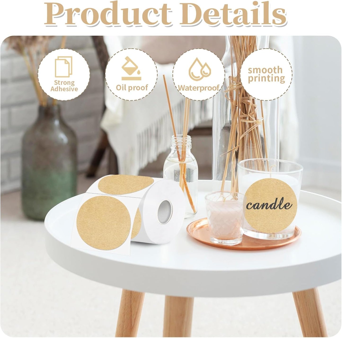 Thermal Label,3 Inch Kraft Paper Round Thermal Printer Sticker,Self-Adhesive Round Direct Thermal Labels,Thermal Stickers for DIY Logo Design,Name Tag (300 Labels/1 Roll)