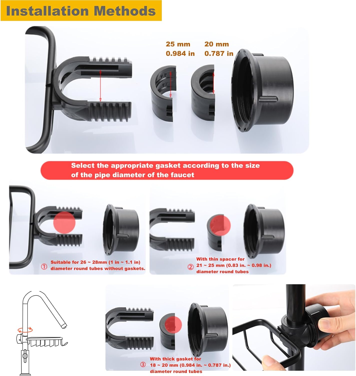 Sink Organizer Rack for Kitchen and Bathroom,Stainless Steel Detachable Hanging Faucet Drain Rack with Drip Tray Faucet Sponge Holder for Bathroom (Black, L&R as One)