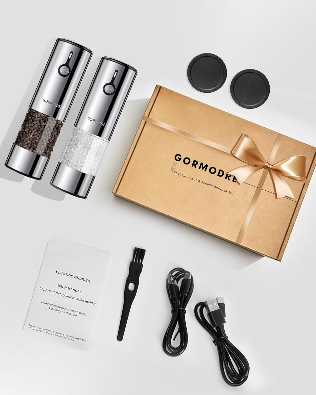 Electric Pepper Grinder and Salt Mill Set - Large Capacity USB Rechargeable Automatic Grinder with Dual LED Lights, One-Handed Operation & Slide Cover - Brushed Stainless Steel