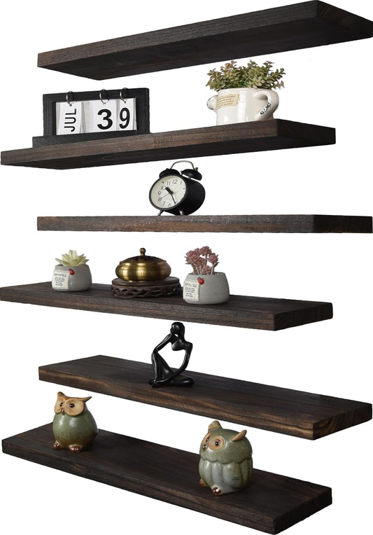 Wood Floating Shelves for Wall, Wooden Wall Shelves for Bedroom, Wall Mounted Shelves for Living Room, Set of 6 Brown 24 Inch