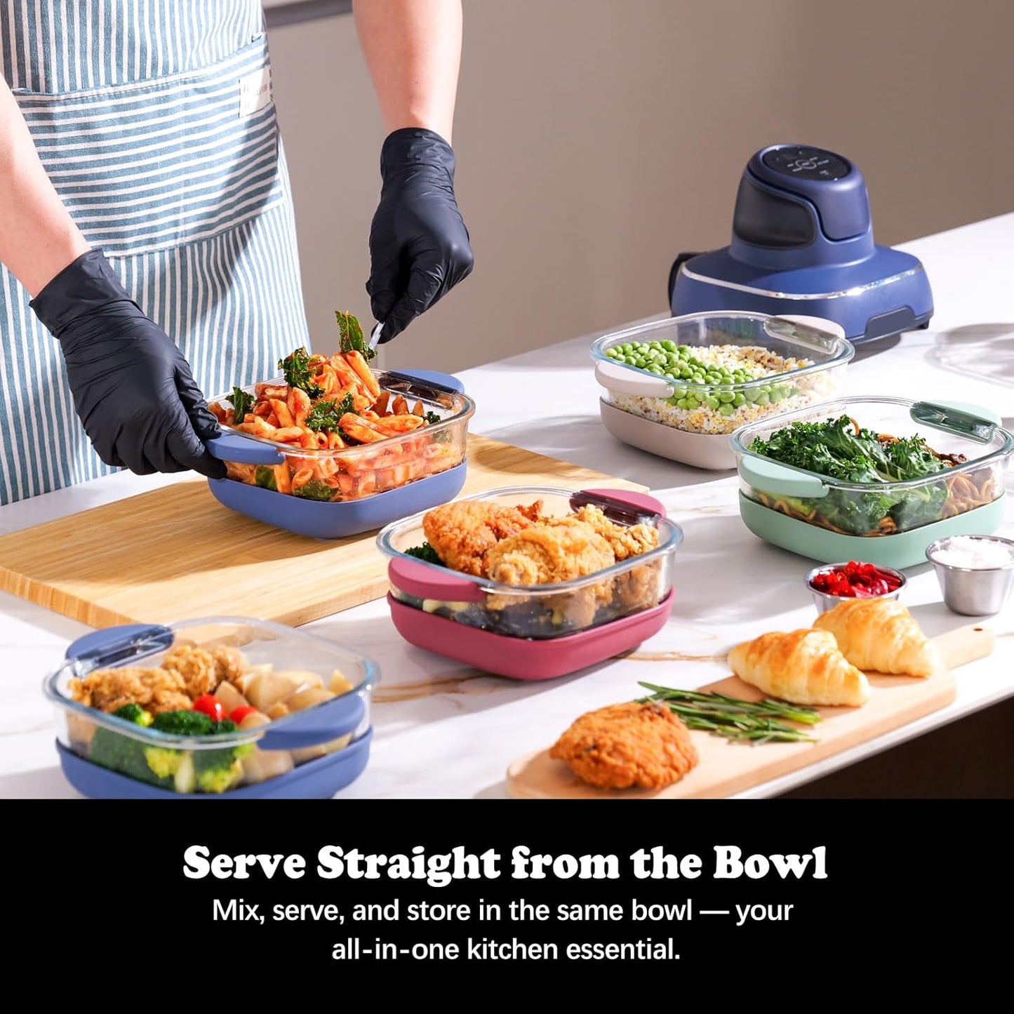 6 Cup Baking Dish Set - 2 Pack, 7 Inch Square Tempered Glass Food Storage Containers with Crispy Tray Compatible with Ninja Crispi Air Fryer - Oven, Microwave, Freezer and Dishwasher Safe