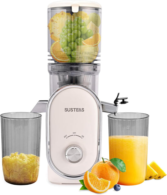 SUSTEAS Cold Press Juicer, 5.3" Feed Chute Slow Masticating Machines with 300W, Fit Whole Fruits & Vegetables, Easy to Clean, High Juice Yield, White