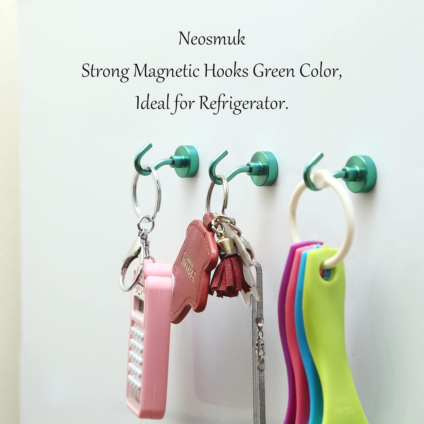 Neosmuk Magnetic Hooks,30lb+ Heavy Duty Earth Magnets with Hook for Refrigerator, Extra Strong Cruise Hook for Hanging, Magnetic Hanger for Curtain, Grill (Green, 15 Pack)