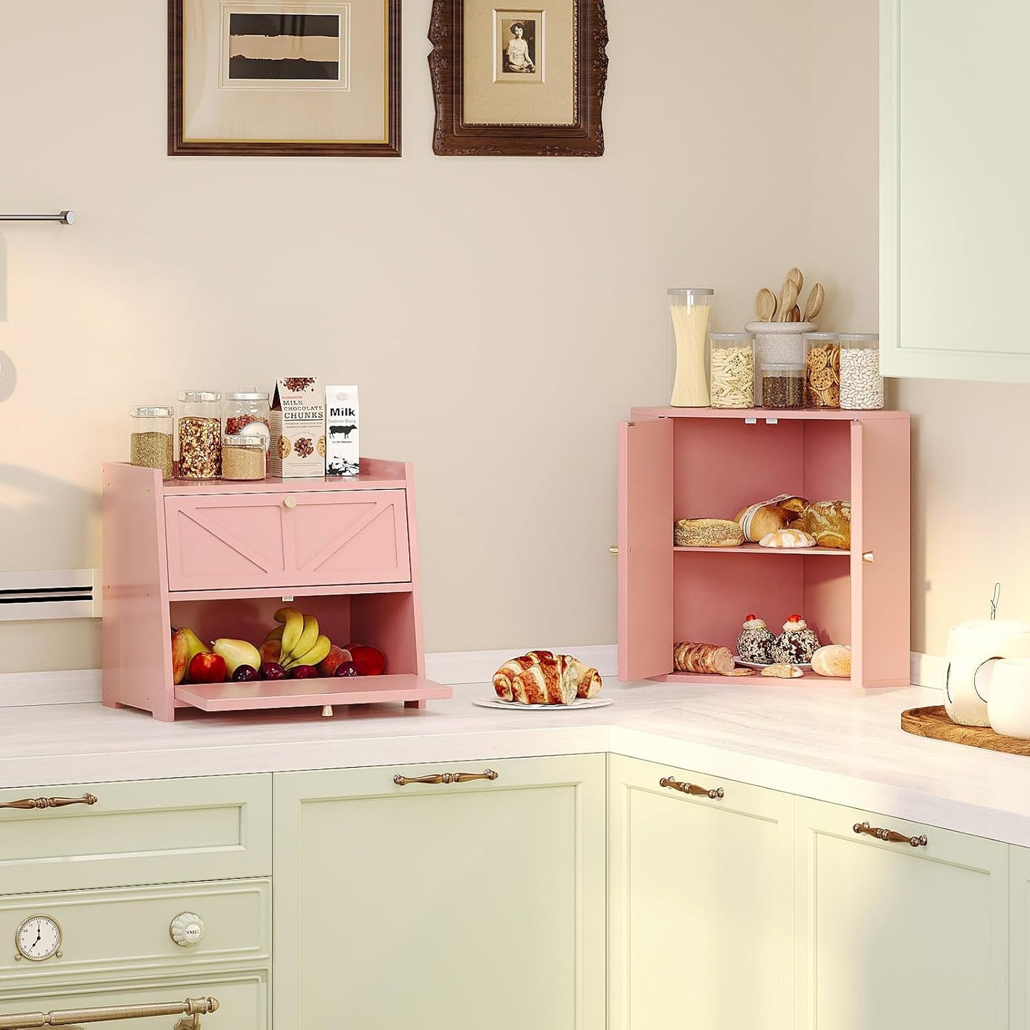 Corner Bread Box for Kitchen Counter Double Layer Bamboo Bread Storage Container Large Capacity Bread Storage Bin Farmhouse Breadbox Organizer (Pink)