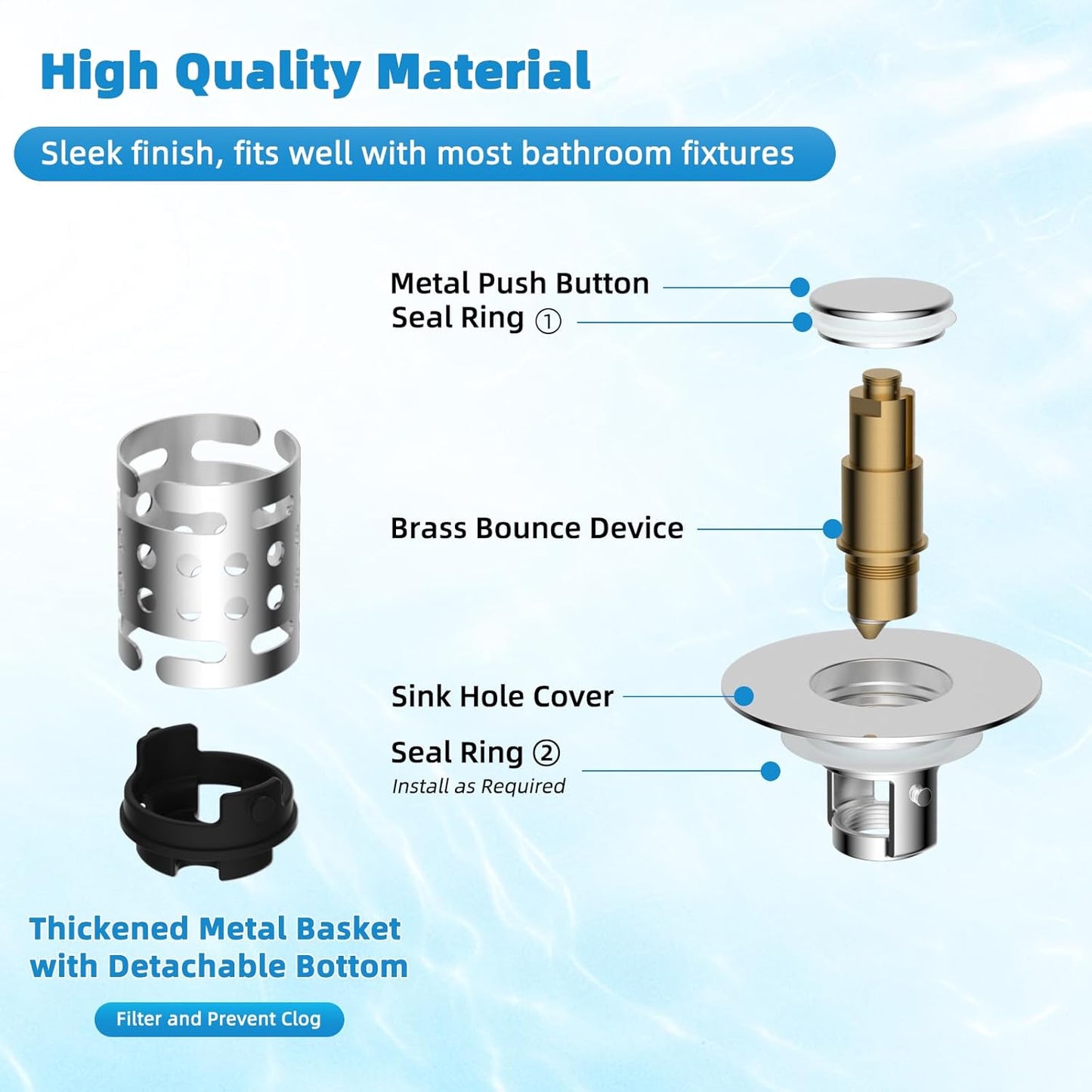 Universal Bathroom Sink Stopper Hair Catcher Upgraded with 2-Layer Detachable Filter Basket – 4 in 1 Pop Up Sink Drain Strainer, Anti-Clog, Odor-Block, Universal Fit for 1.1''~2.36'' Sinks, Chrome