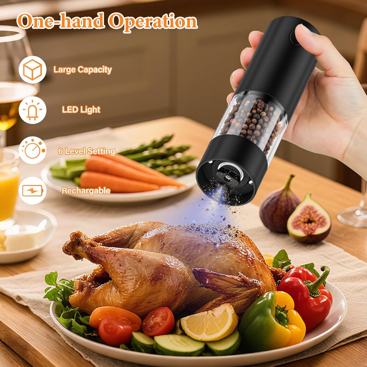 WOWBOX Electric Salt and Pepper Grinder Set 2 PCS, Automatic Coarseness, Rechargeable Salt and Pepper Shakers, Large Capacity Multifunctional, for Kitchen, Restaurant, Outdoor, BBQ (Black & White)