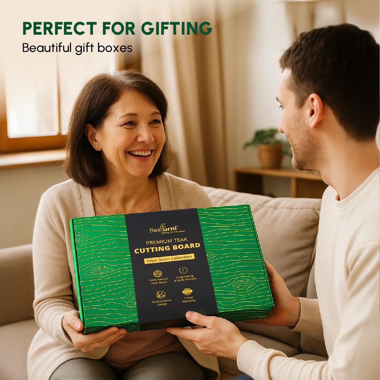 BEEFURNI Teak Wood Cutting Board with Juice Groove Hand Grip (S, 18x14x1"), Wooden Cutting Boards for Kitchen, Butcher Block, Charcuterie Boards, Christmas Gifts, 1-year Manufacturer Warranty