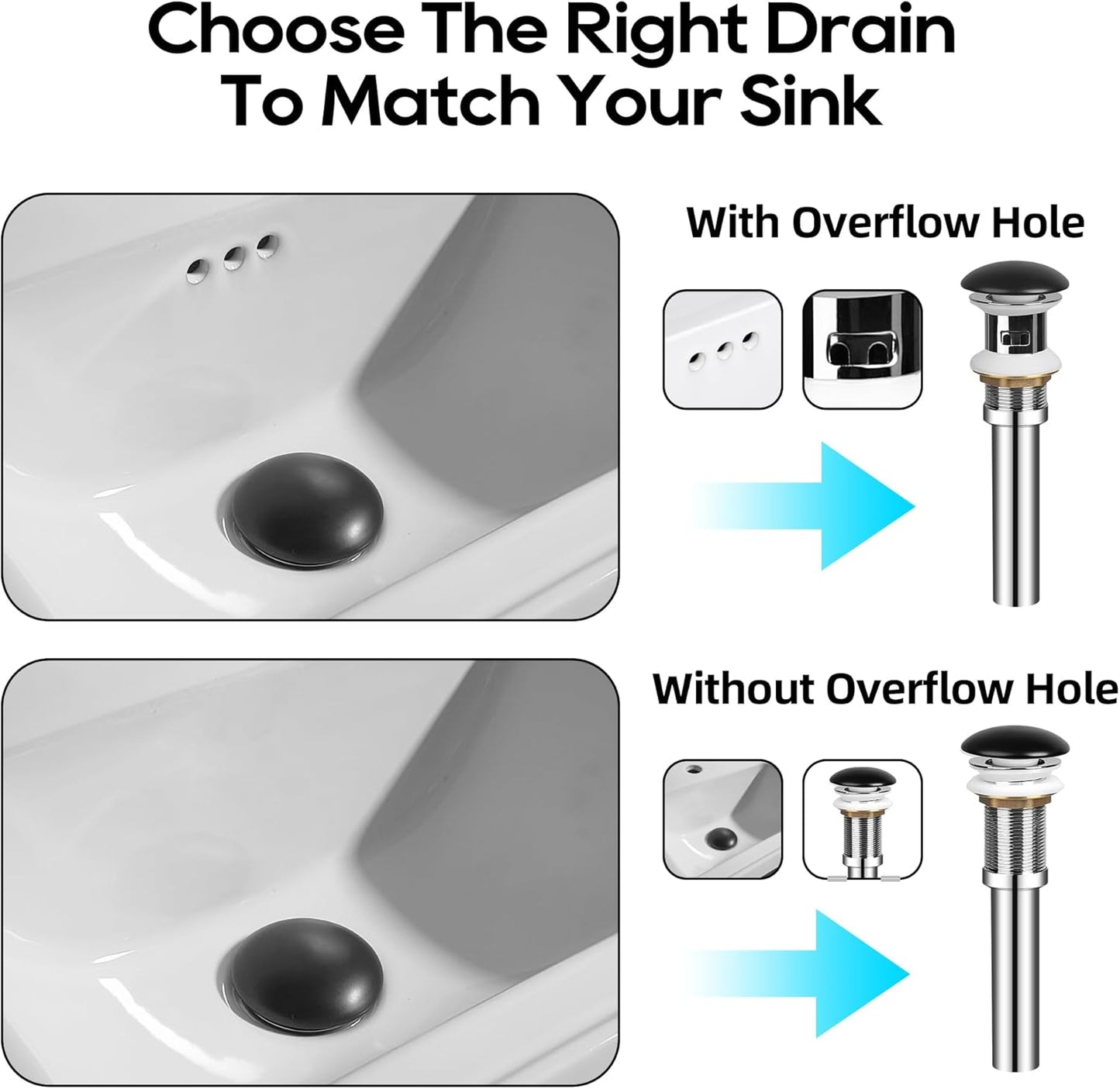 Bathroom Sink Drain Without Overflow, Ceramic Cap Pop Up Drain Stopper, Rustproof Brass and 304 Stainless Steel, Black