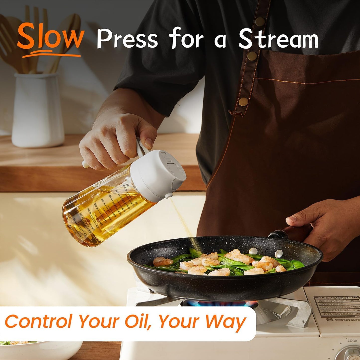 TrendPlain 16oz/470ml Glass Olive Oil Sprayer for Cooking – 2 in 1 Olive Oil Dispenser Bottle for Kitchen Gadgets and Air Fryer Accessories, Salad, BBQ - White & Green