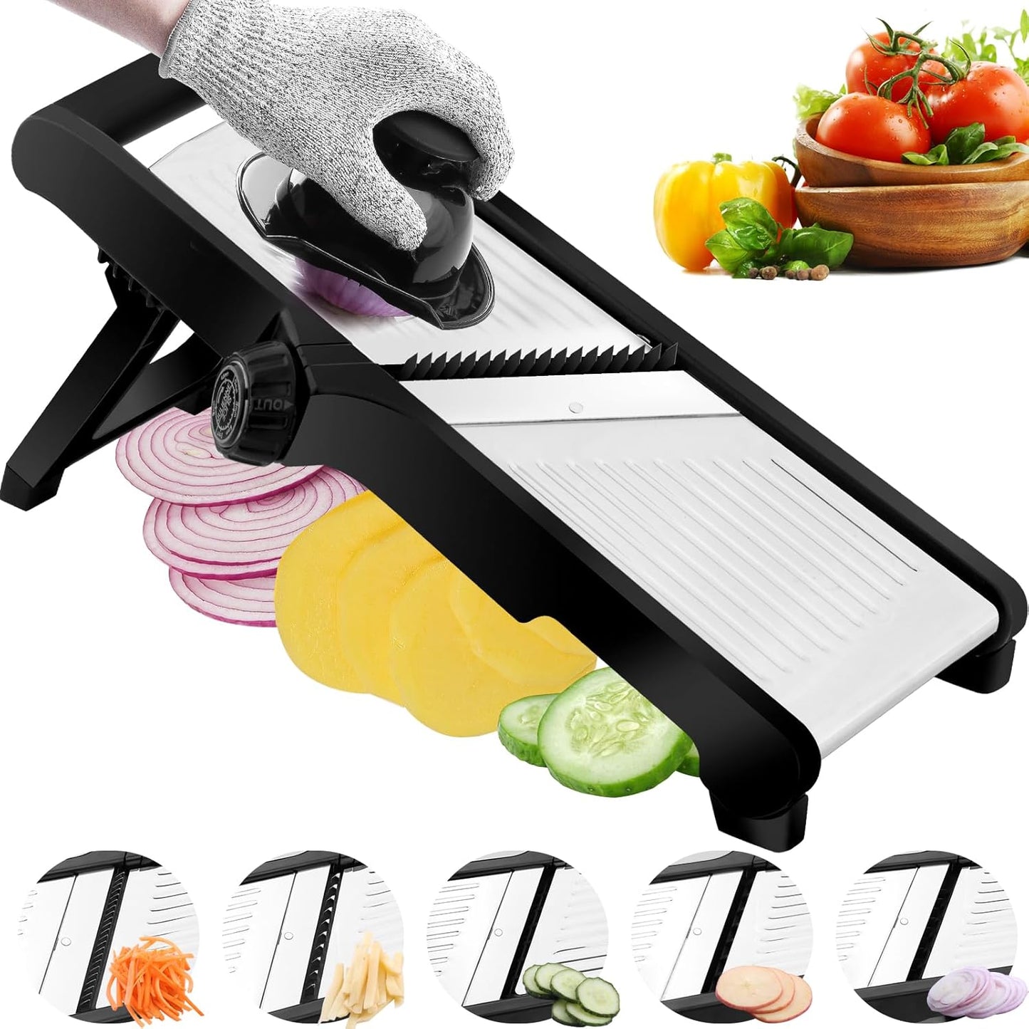 Mandoline Slicer, Adjustable Mandoline Slicer for Kitchen, Stainless Steel Mandolin Vegetable Chopper for Potato, Julienne Cutter with Cut-Resistant Gloves, Black