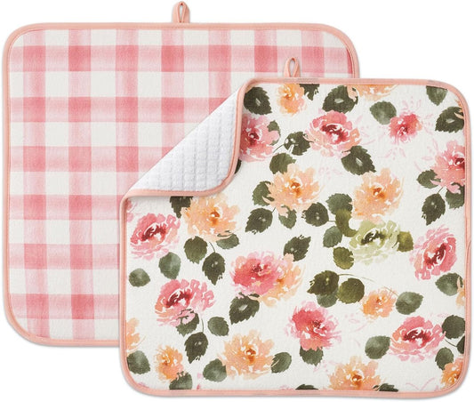 FRESHMINT Printed Dish Drying Mats for Kitchen Counter 2 Pack Absorbent Reversible Drying Mats Microfiber Kitchen Countertop Protector Dishes Drying Pad Extra Large 18"x16" Dish Mat (Floral)