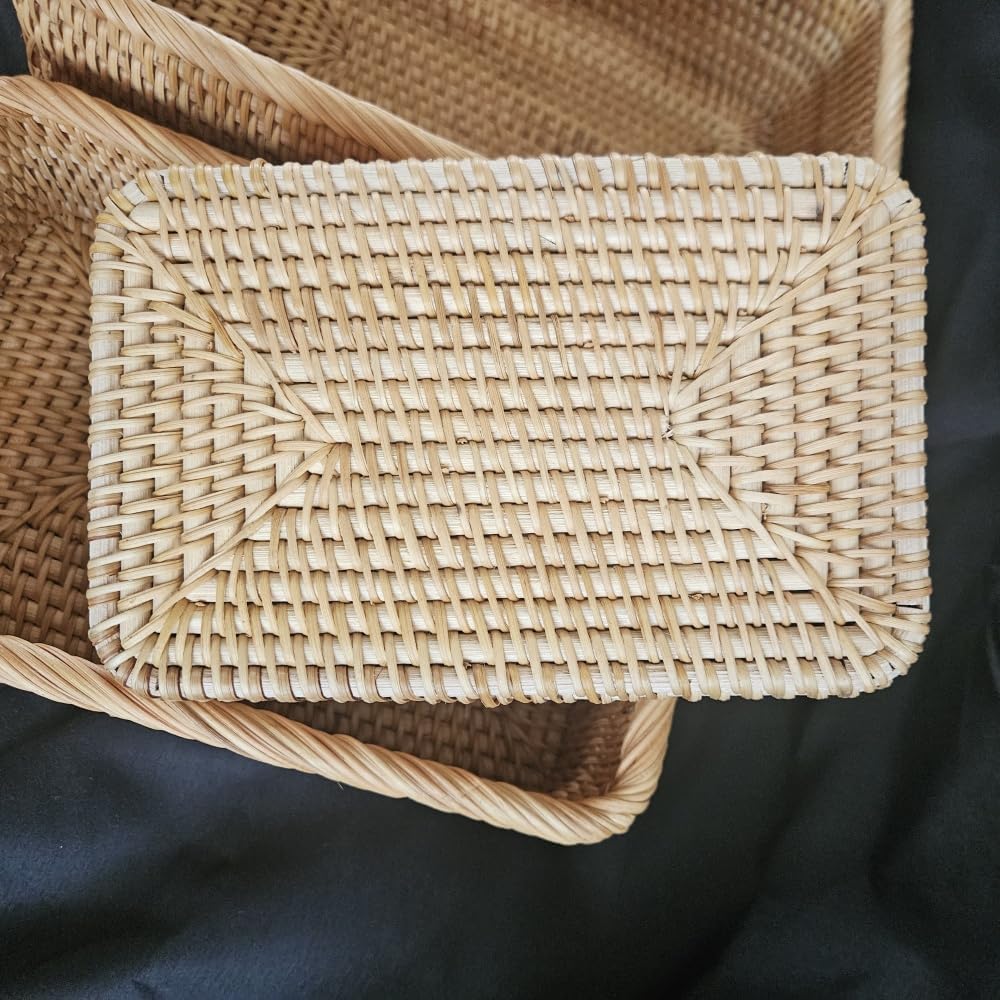 Natural Rattan Storage Baskets Set of 3 natural rattan Rectangular braided wicker box,fruit basket wicker basket, baskets for Organizing Container Bins for Shelves Cupboards Drawer