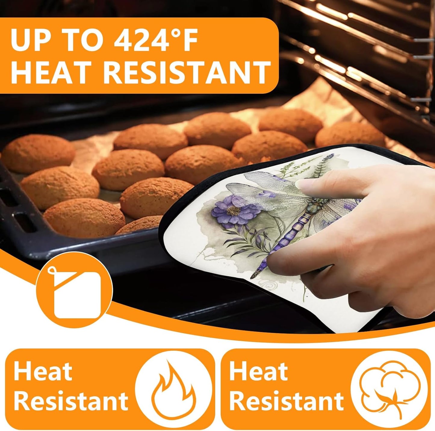 Dragonflies Oven Mitts and Pot Holders Sets 4Pcs,Extra Long Oven Gloves Potholder for Kitchen Cooking Baking BBQ 100% Cotton Heat Resistant