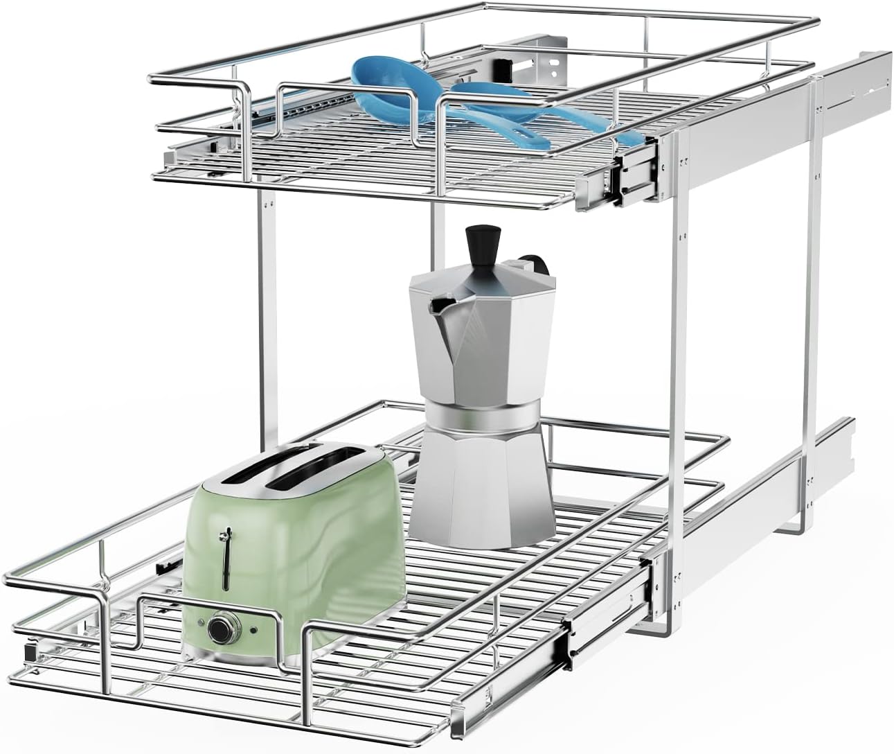 ROOMTEC Individual Pull Out Cabinet Organizer (14½" W x 21½" D), 2 Tier Spice Rack Organizer for Cabinet, Slide Out Drawer Pantry Shelf Organization and Storage for Kitchen Bathroom