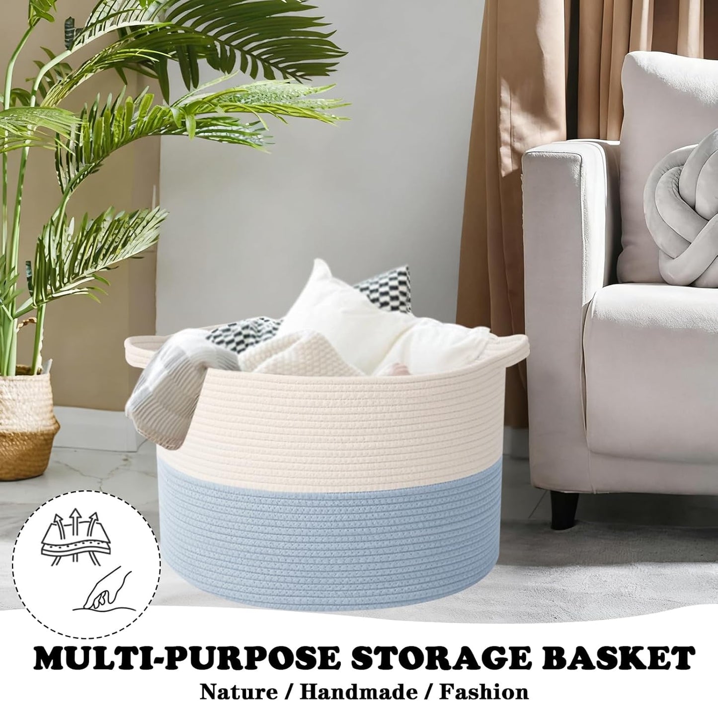 Large Blanket Basket for Organizing,65L Closet Organizers and Storage Bins Box for Shelves Woven Rope Storage Baskets,Living Room,Bedroom,Dorm,Laundry room (White&Blue)