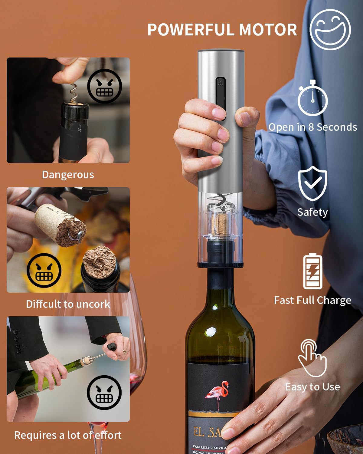 CIRCLE JOY 6-in-1 Electric Wine Opener Set Rechargeable Stainless Steel Wine Opener Gift Set with Foil Cutter, Rechargeable & Manual Wine Aerator Pourers, Vacuum Wine Stopper and Storage Base, Silver