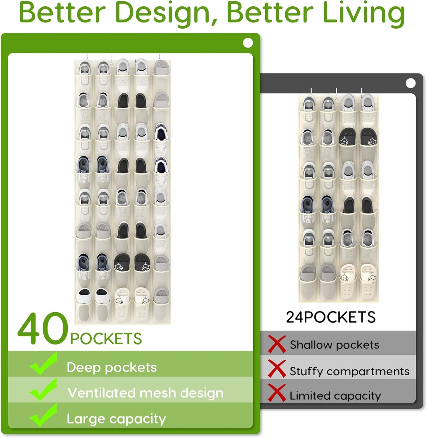 Unjumbly Over the Door Shoe Organizer with 40 Large Breathable Mesh Pockets, Space Saving Shoe Holder, Hanging Shoe Rack for Entryway Bedroom Closet Storage (Beige, 40 Pockets)