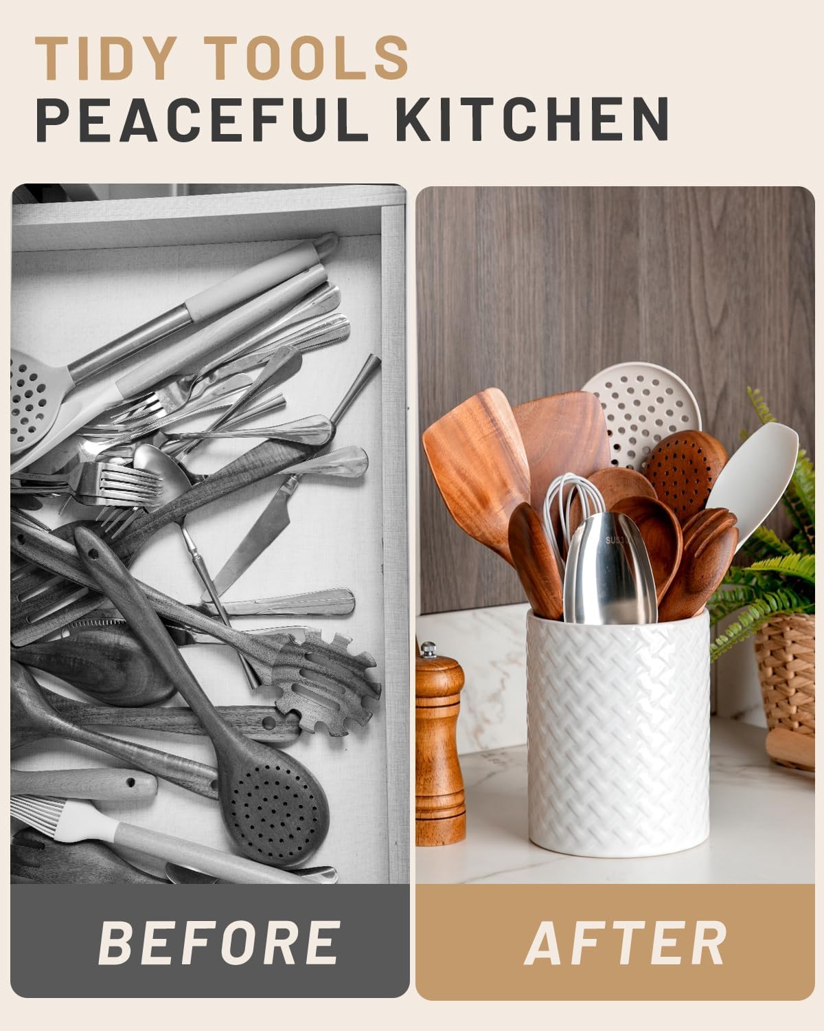 Nucookery 6.4'' Utensil Holder - Ceramic Utensil Holder for Kitchen Counter, Large Capacity Countertop Storage, Farmhouse Style Utensil Crock Organizer for Spoons, Spatulas & Cooking Tools