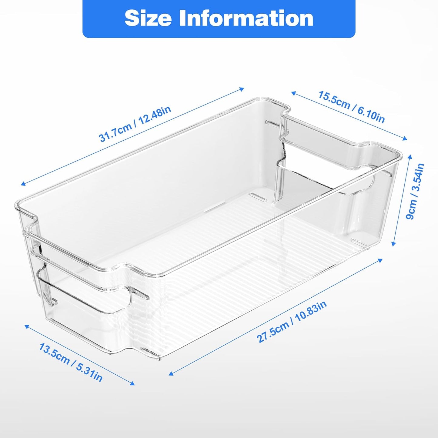 4 Pack Clear Refrigerator Storage Bins, Stackable Plastic Fridge Organizer Kitchen Pantry Storage Bins with Handles for Snacks, Freezer, Kitchen Cupboard, and Cabinet Organization