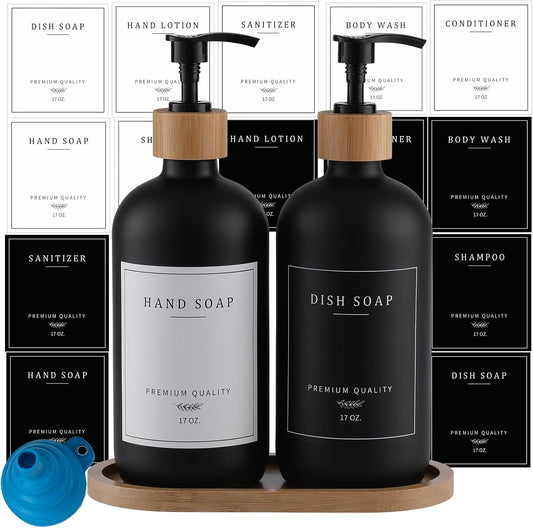 Black Glass Soap Dispenser - Hand Dish Soap Dispenser Set for Kitchen with Sturdy Pump and Tray, 14 Waterproof Labels, Bathroom Refillable Soap Lotion Dispenser-Black