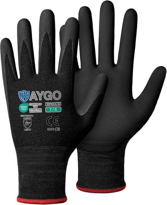 KAYGO Safety Work Gloves MicroFoam Nitrile Coated, 3 Pairs KG18NB,Seamless Knit Nylon Glove with full fingers Touchscreen, Ideal for Automotive,Warehouse,Construction (S, Black)
