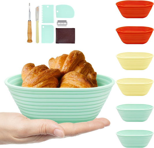 Silicone Banneton, Sourdough Bread Baskets (Set of 6, 6.5 Inch), Oval Proofing Bread Bowls with Starter Kit, Bread Making Baking Supplies