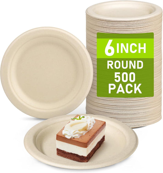 Paper Plates Bulk 500 Count, 100% 6 inch Small Compostable Biodegradable Dessert Disposable Plates