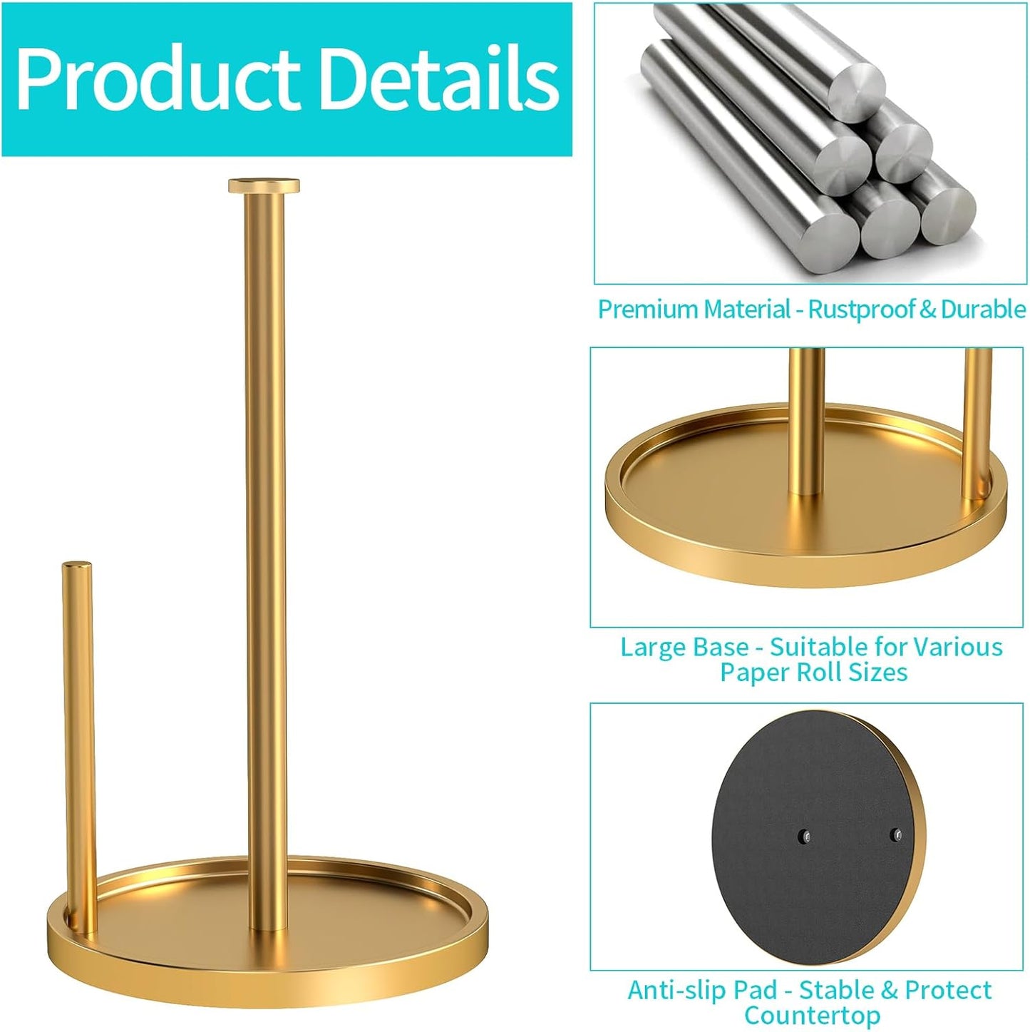 Paper Towel Holder Countertop, Standing Paper Roll Holder with Anti Slip Weighted Base, Stainless Steel Freestanding Paper Towel Holder for Kitchen, Gold