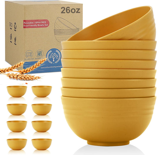 Wheat Straw Bowl Set of 8, Unbreakable Cereal Bowls 26 OZ,Freezer and Dishwasher Safe Bowl Sets,Breakfast Bowls suitable for cereal,salad,snack and soup (Yellow)