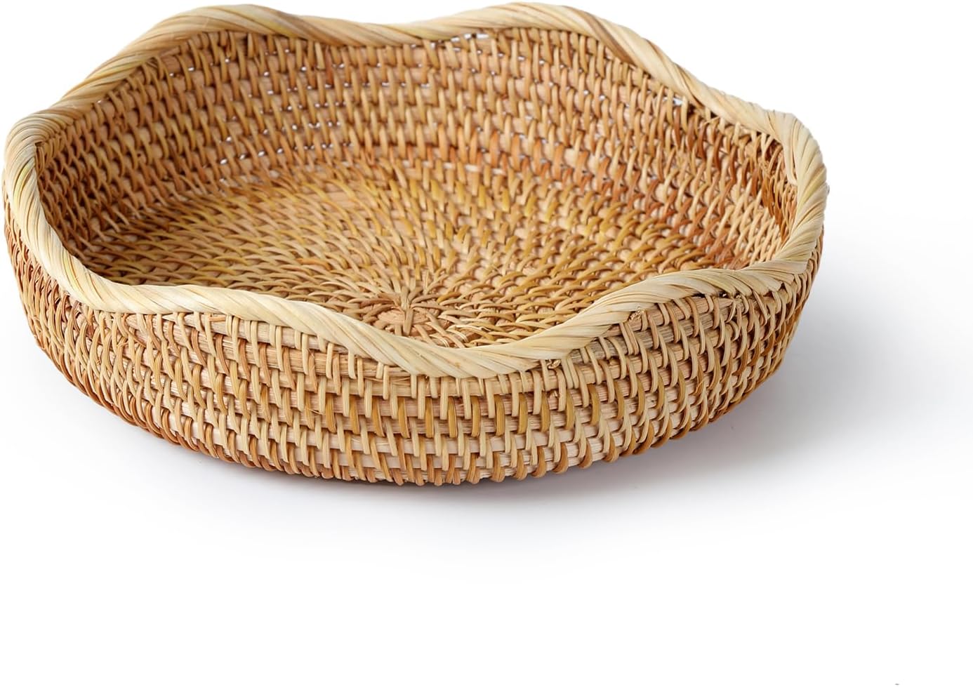 Rattan Bread Basket, Round Fruit Baskets, Scalloped Wicker Storage Bowls, Natural Woven Serving Basket Bowls, Decorative Baskets for Kitchen Counter Organizing, Gift Basket, 1 Pack, S Size