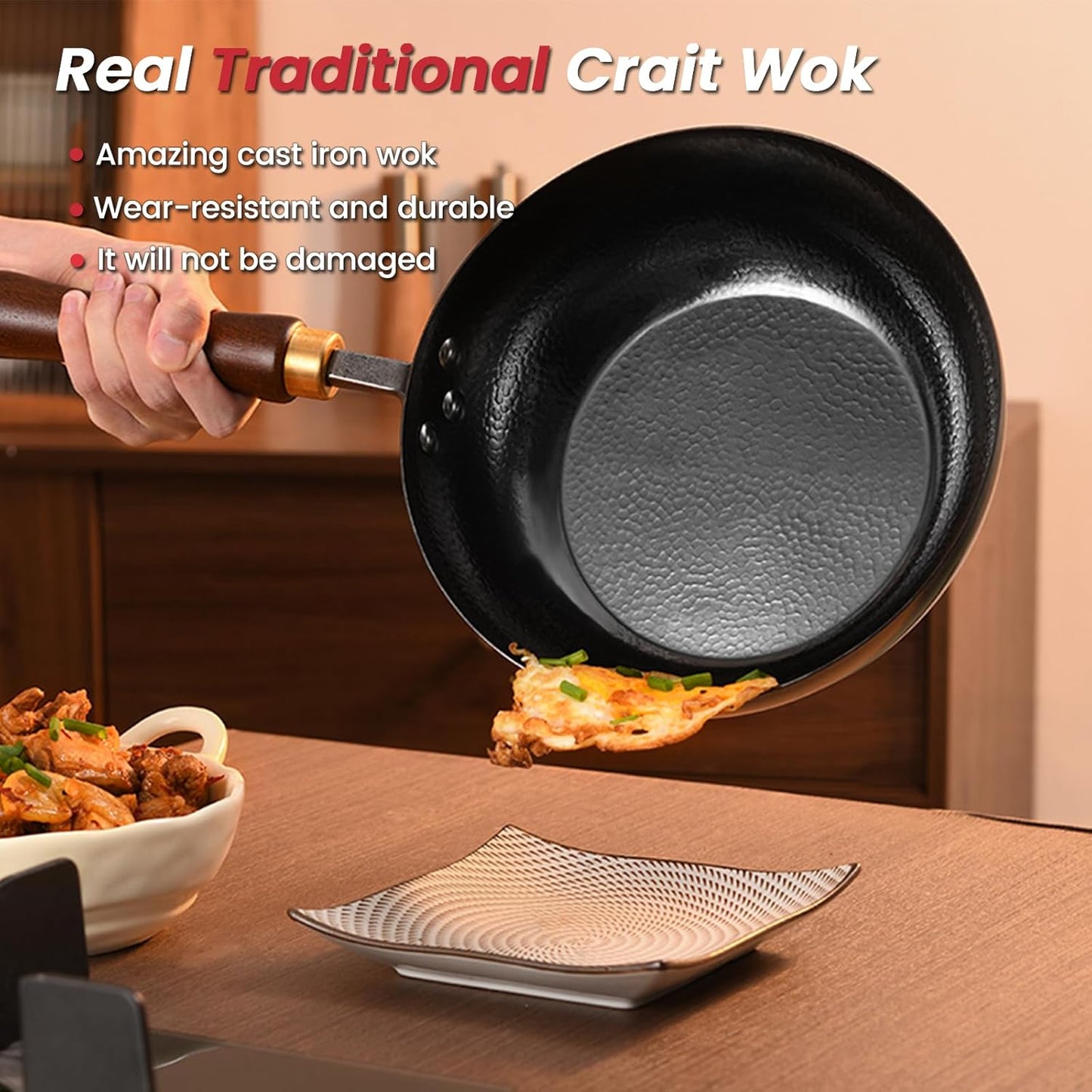 Carbon Steel Wok Pan, 9.5 “ Woks & Stir-Fry Pans with glass Lid Cookwares, Nonstick Wok, No Chemical Coated Flat Bottom Hand Hammered Chinese Wok For for Electric, Induction, for All Stoves