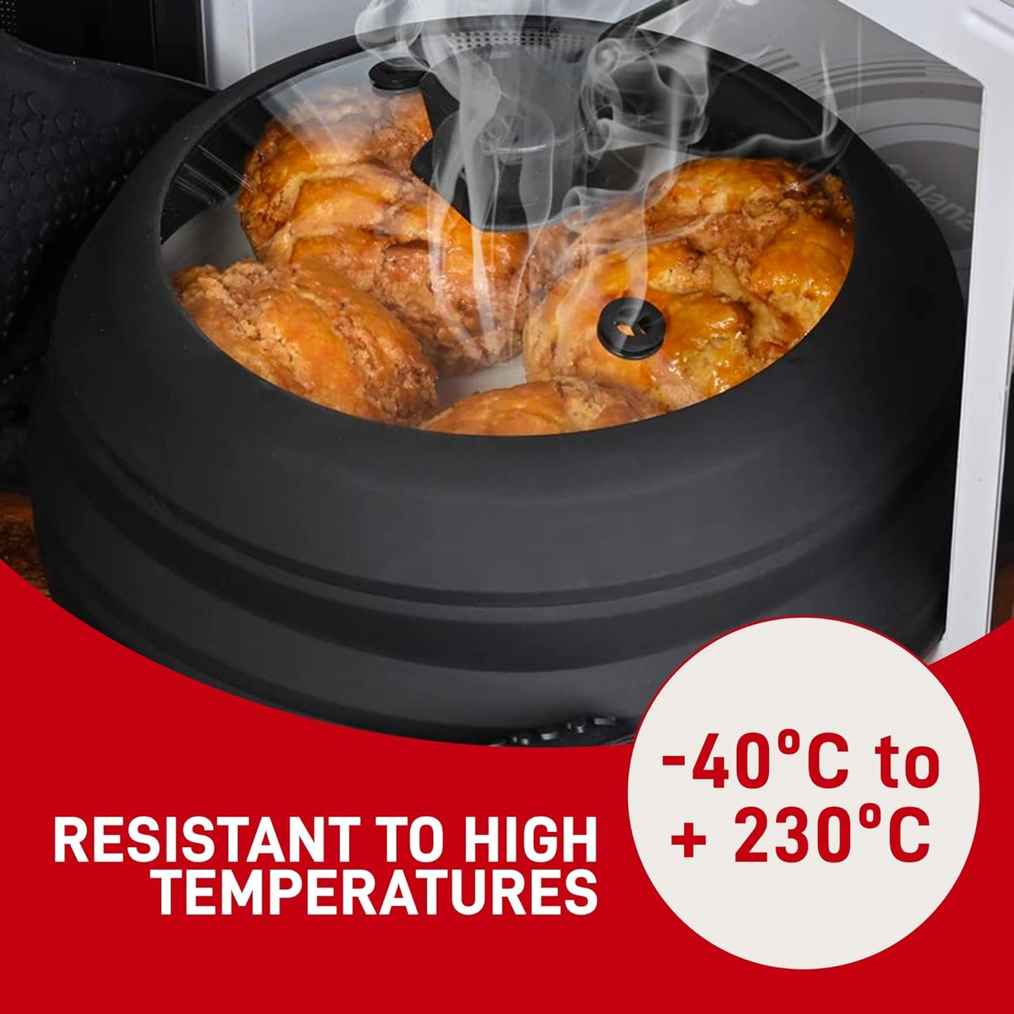 Microwave Splatter Cover Glass 10 Inch - Collapsible Microwave Splatter Cover for Plate & Bowl - Tempered Glass Top, Food-Grade Silicone Dome with Heating Vents & Heat-Safe Handle