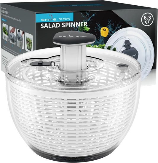 Smile mom Salad Spinner Large Lettuce Spinner Kitchen Gadgets, Large Salad Spinner Vegetable Washer, High Efficiency for Kitchen Washing & Drying Leafy Vegetables, One-Handed Easy Press 6.3 Qt White