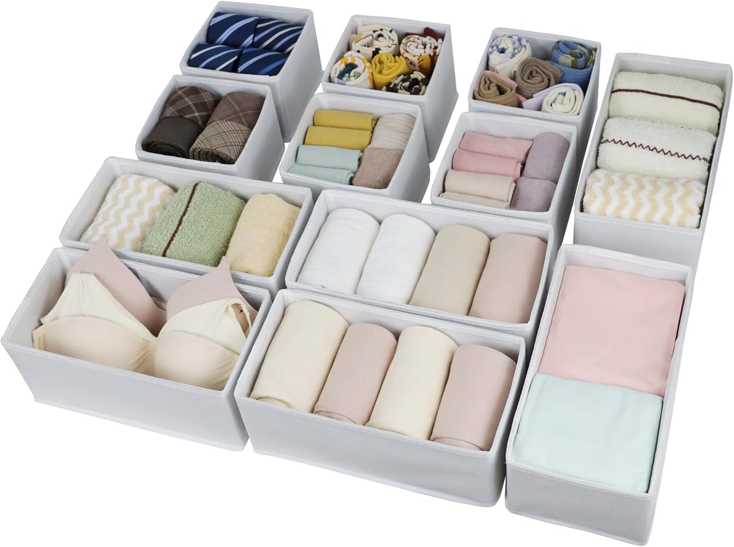 Set of 12 Drawer Organizer, Fabric Closet Organizer and Storage Baskets,Foldable Drawer Divider for Clothing,Sock,Ties,Underwear Drawer Organizers,Set of Cabinet Storage Boxes (White)