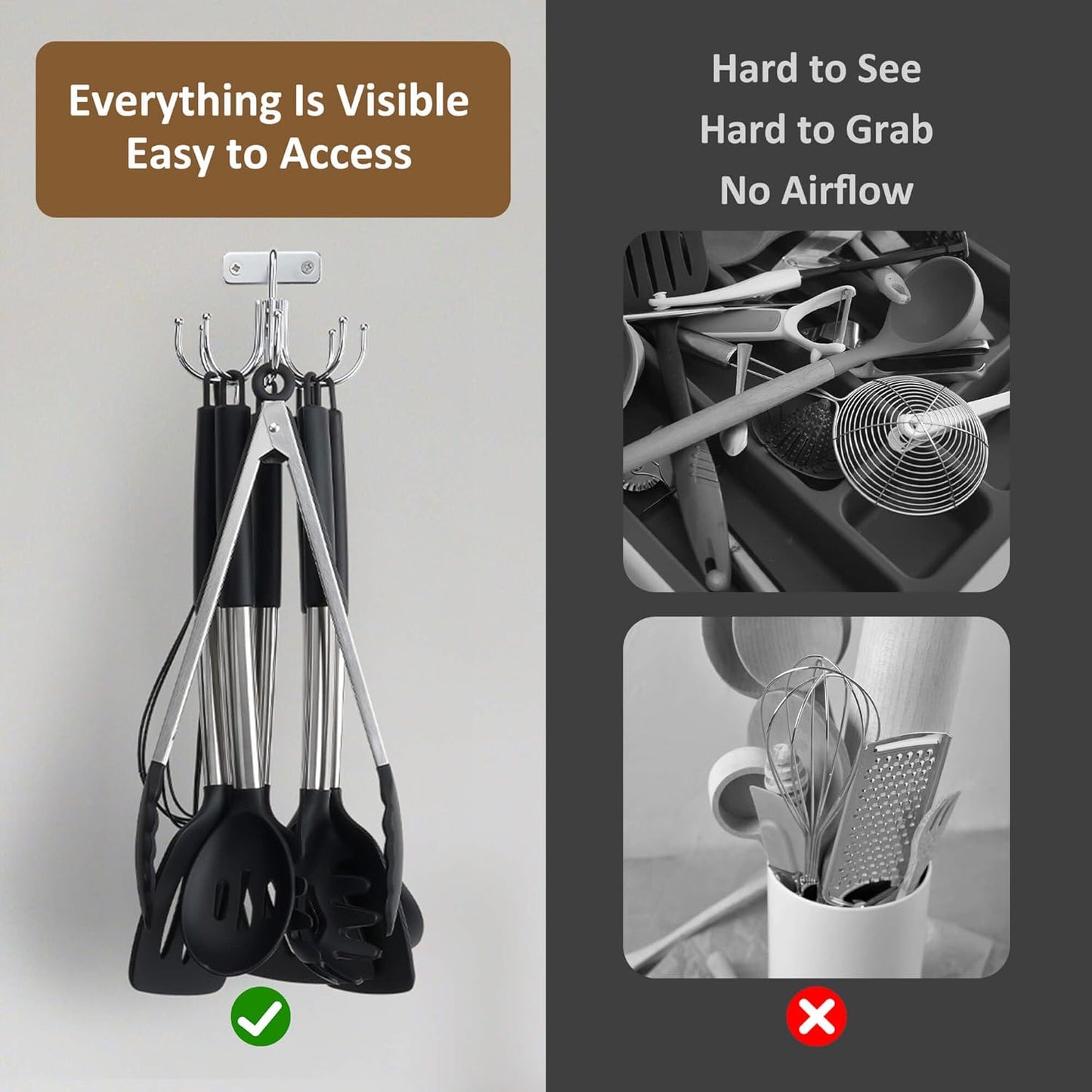 ZEDODIER Kitchen Cooking Utensil Holder, 360° Rotating Kitchen Hooks for Hanging Utensils, Heavy Duty Metal Utensil Rack with 8 Storage Capacity for Utensil, Towel, Pot, Glove, Aprons, Silver