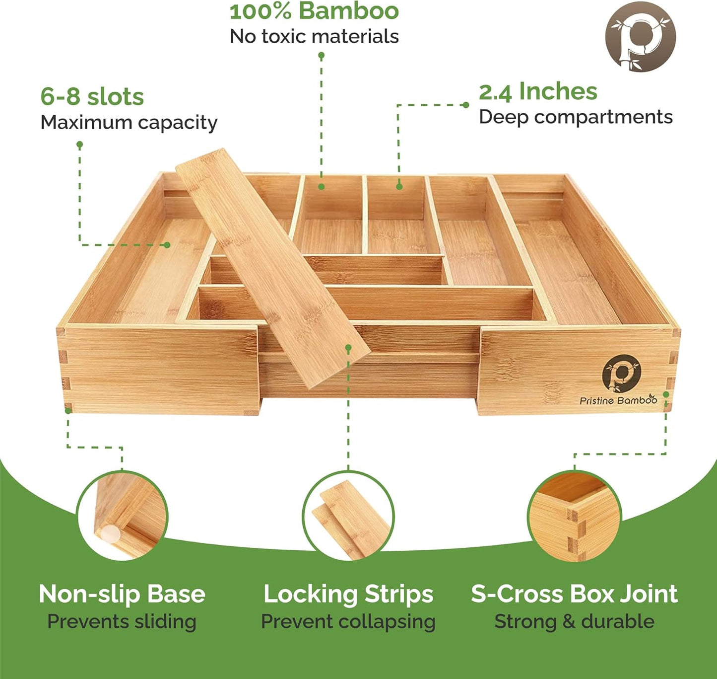 Silverware Tray for Drawer Organizer,Kitchen Drawer Organizer,Cutlery Organizer in Drawer, Flatware Silverware Holder, Expandable Adjustable Wooden Dividers (8-slots)