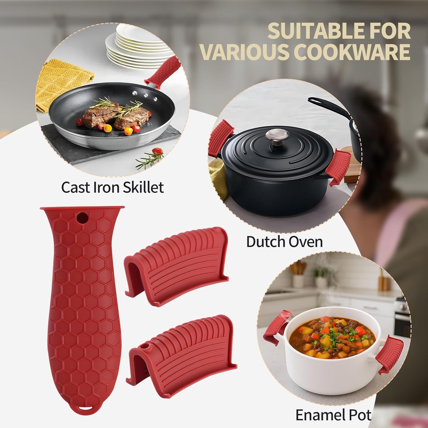 Cast Iron Skillet Handle Covers - 3 Pack Heat Resistant Silicone Pan Handle Sleeve, Non-Slip Pot Handle Covers Potholder for Cast Iron Skillet Pan (Red)