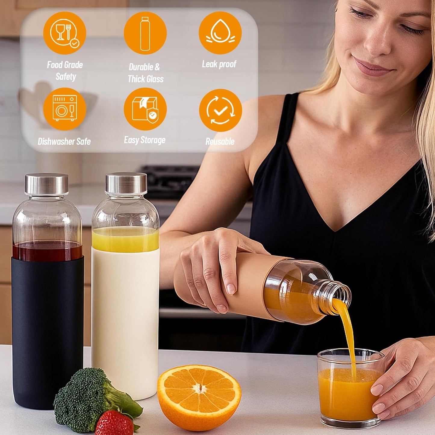 32 oz Clear Glass Bottles with Lids and Silicone Sleeve, Reusable Refillable Water Bottles for Juicing, Refrigerator,100% Leak Proof, BPA Free, Juice Glass Set of 3