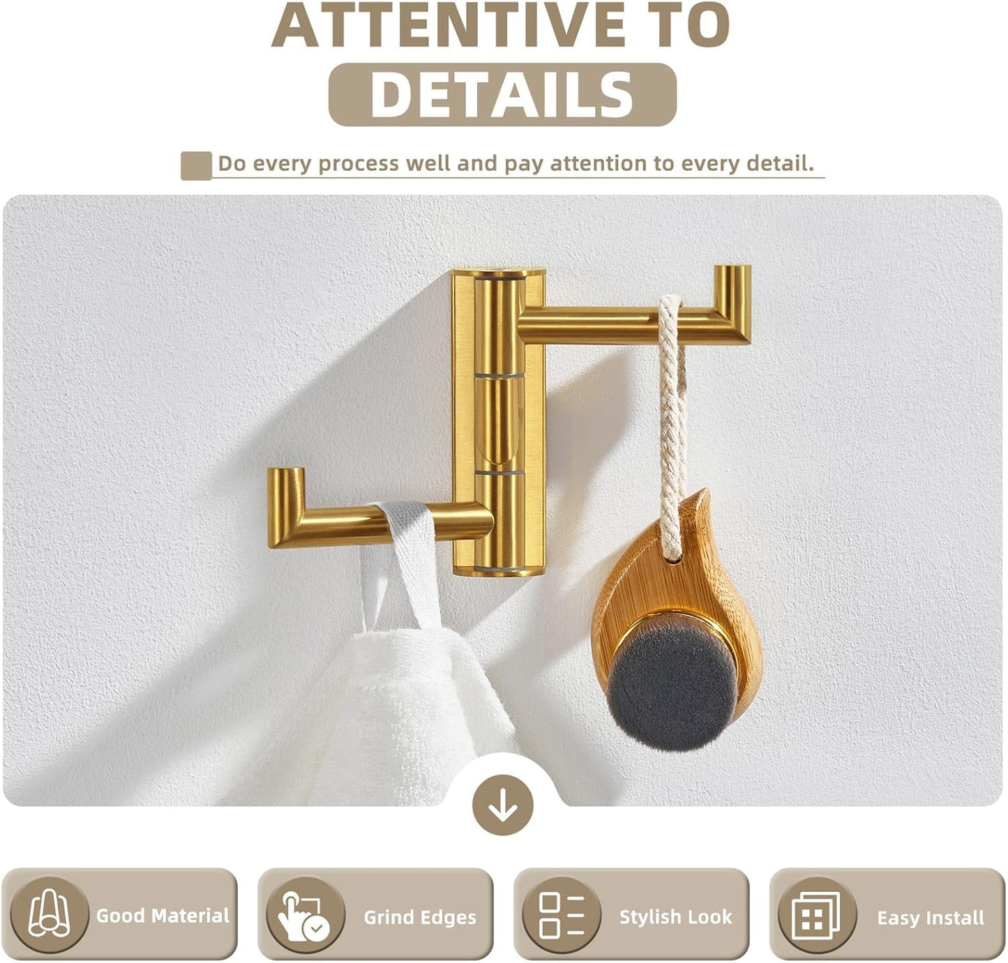 Suyar Brushed Gold Towel Hook, SUS 304 Stainless Steel Bathroom Coat Robe Holder with 3 Swivel Arms, Wall Hook for Kitchen Entry Garage