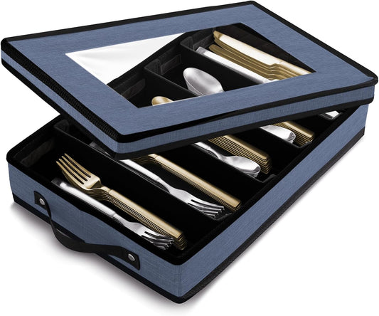 Flatware & Utensil Storage, Durable Silverware Storage Box with Padded Dividers, 5 Compartment Flatware Storage Case, Silverware Case with Handles, Protects and Organizes Cutlery, Blue
