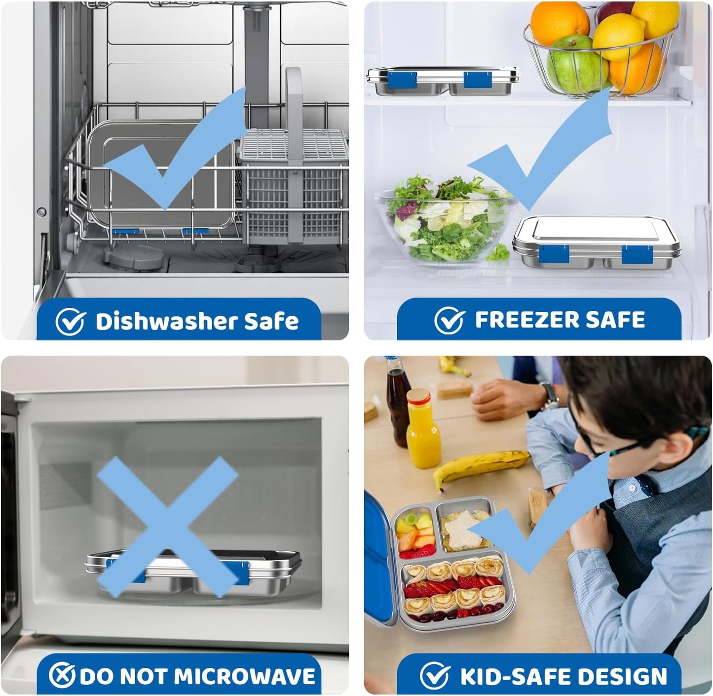 Stainless Steel Lunch Box 1000ml - 3 Compartment Bento Box for Kids & Adults, Leakproof Food Container, BPA-Free Metal Lunch Box with Silicone Seal, Eco-Friendly/Dishwasher Safe (Blue)